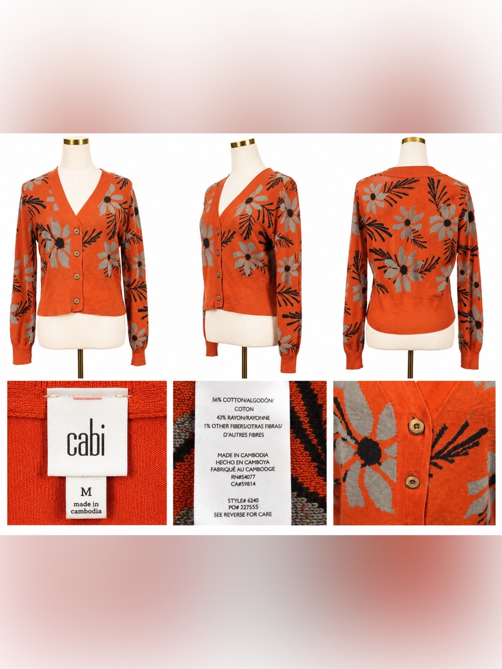 cabi Orange Floral Button Front Cardigan Size Medium - Picture 5 of 5
